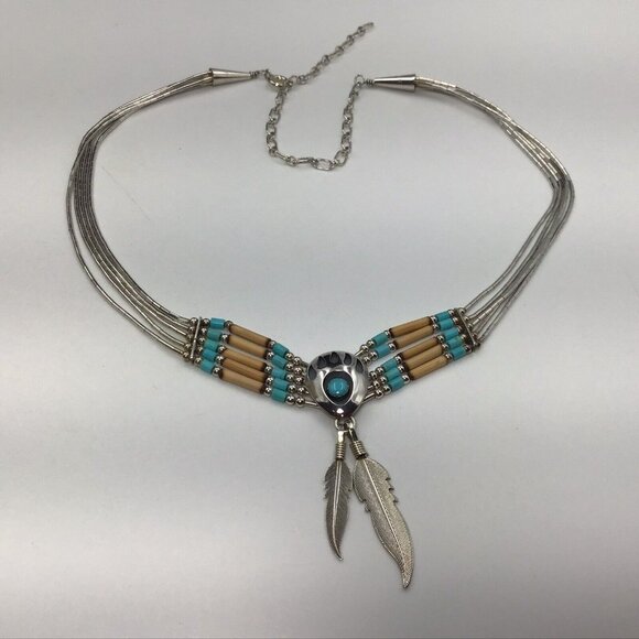 Sterling Silver Necklace Liquid Silver And Turquoise Tubes Vintage 16-18” - Picture 2 of 11